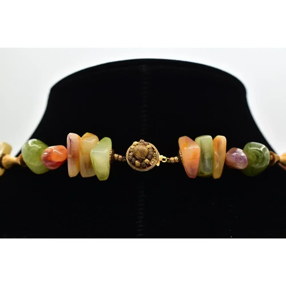 Miriam Haskell Lucite Stone Beaded Necklace Gold Green Orange Signed 1950s BinBN